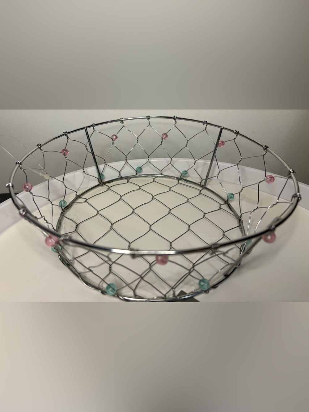 Vintage Wire Beaded Basket Decorative Silver with Pink and Teal Tiny Beads
